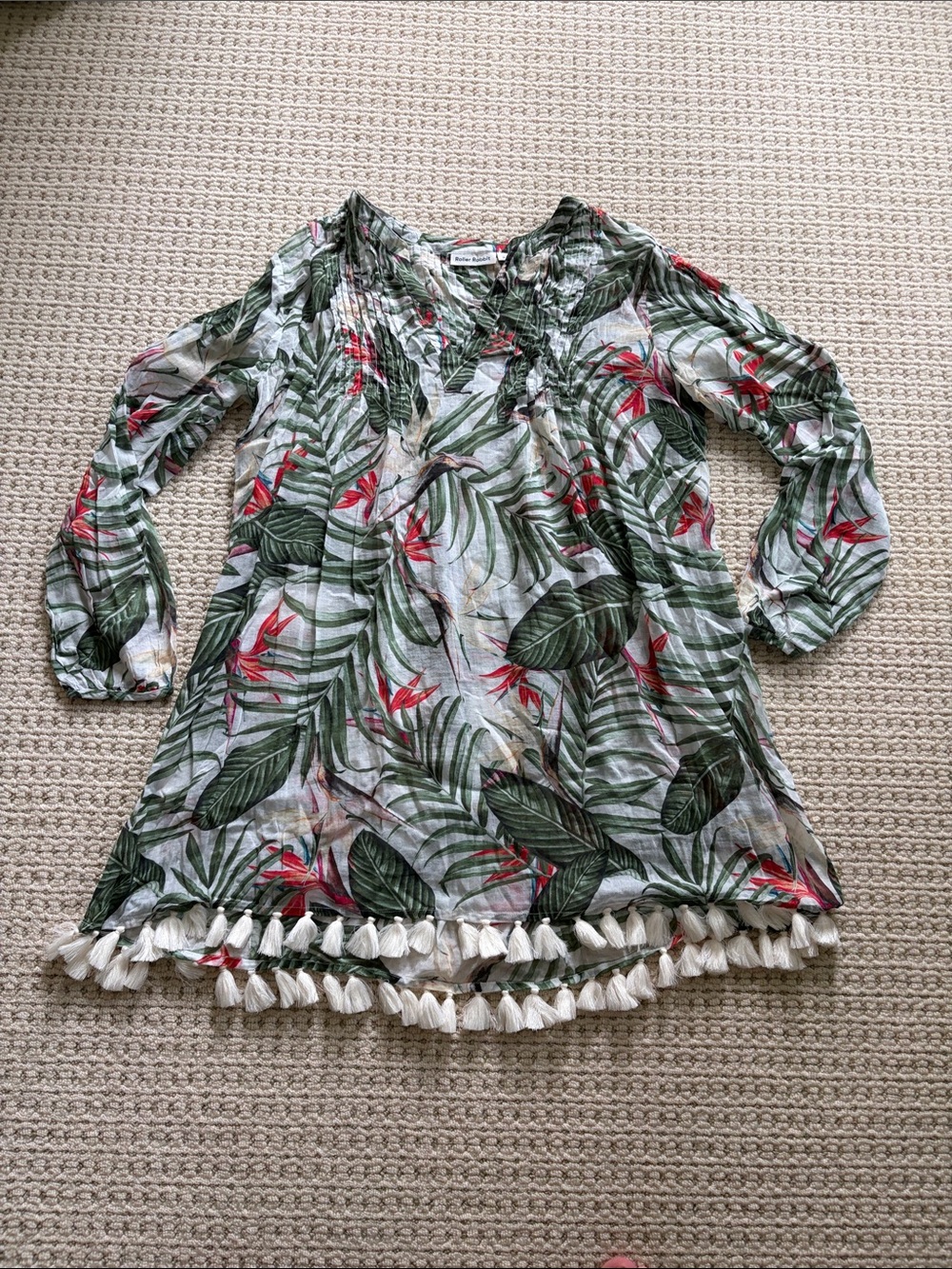 Roller Rabbit Lightweight Green Tropical Tassel Hem Tunic